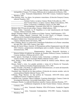 ________________ Los días de Cipriano Castro (Historia venezolana del 900) Estudios,
monografías y Ensayos 75) Caracas, Biblioteca de la Academia de la Historia, 1986.
___________ y otros. Venezuela Independiente 1810-1960. Caracas, Fundación Eugenio
Mendoza, 1962.
-Pino Iturrieta, Elías. Las ideas e los primeros venezolanos. (Colección Ensayos) Caracas,
editorial Tropykos, 1987.
________________ Cipriano Castro y su época. Caracas, Monte Ávila edito-res, 1991.
________________ Juan Vicente Gómez y su época. Caracas, Monte Ávila editores, 1993.
________________ Fueros, civilización y ciudadanía. Caracas, UCAB, 2000.
________________ País archipiélago: Venezuela 1830-1858. S/l , Fundación Bigott, s/f.
-Quintero, Inés. El ocaso de una estirpe. Caracas, Alfadil editores, 1989.
-Ramírez, Kleber. Venezuela: La IV República (o la total transformación del Estado)
Caracas, Talleres Cromotip, 1991.
-Rangel, Domingo Alberto. Los Andinos en el Poder. Caracas, Vadell hermanos, 1974.
-Rodríguez Campos, Manuel. Venezuela 1902, la crisis fiscal y el bloqueo. Caracas,
ediciones de la Facultad de Humanidades y Educación, 1977.
-Rodríguez Gallad, Irene. Venezuela entre el ascenso y la caída de la Restau-ración Liberal.
Caracas, Editorial Ateneo de Caracas, 1980.
-Ruiz Chataing, David. La controversia Centralismo-Federalismo en la Prensa venezolana
del siglo XIX: 1864-1899. Caracas, Upel, 2001.
-Soriano de García Pelayo, Graciela. El Personalismo político hispanoameri-cano del siglo
XIX: Criterios y proposiciones metodológicas para su estudio. Caracas, Monte Ávila
latinoamericana, 1996.
____________________________ Hispanoamérica: Historia, Desarrollo discrónico e
Historia Política (Cuadernos del Instituto de Estudios Políticos) Caracas, Facultad de
Ciencias Jurídicas y Políticas de la UCV, 1987.
-Sotelo, Ignacio. Sociología de América Latina: Estructuras y problemas. (colección de
ciencias sociales: serie de sociología) Madrid, Editorial Tecnos, 1975.
-Stein, Stanley y Stein, Bárbara. La herencia colonial de América Latina. México, siglo
XXI, 1980.
-Strauss, Rafael y otros. Los grandes períodos y temas de la Historia de Venezuela.
Caracas, Instituto de Estudios Hispanoamericanos, UCV, 1993.
-Sunkel, Oswaldo y Paz,Pedro. El subdesarrollo latinoamericano y la teoría del desarrollo.
México, Editorial Siglo XXI, 1977.
-Touchard, Jean. Historia de las ideas políticas. (Colección de ciencias sociales: serie de
ciencia política) Madrid, Editorial Tecnos, 1975.
-Urbaneja, Diego Bautista. La idea política de Venezuela: 1830-1870 (Serie cuatro
repúblicas) Caracas, Cuadernos Lagoven.
-Vallenilla Lanz, Laureano. Obras Completas: Cesarismo democrático. Caracas, Centro de
Investigación Históricas, Universidad Santa María, Tomo I, 1983.
-Velásquez, Ramón. La caída del liberalismo amarillo. Caracas, ediciones Roraima, 1977.
________________ Confidencias imaginarias de Juan Vicente Gómez. Caracas, ediciones
Centauro, 1979
_____________ y otros. Venezuela Moderna 1926-1976.Caracas, Fundación Eugenio
Mendoza, 1976.
_____________ y otros. Venezuela Contemporánea 1974-1989. Caracas, Fundación
Mendoza, 1989.
13
 