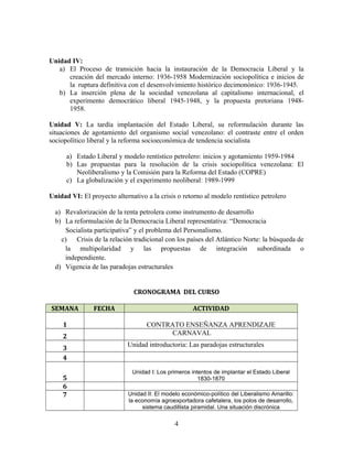 Unidad IV:
a) El Proceso de transición hacia la instauración de la Democracia Liberal y la
creación del mercado interno: 1936-1958 Modernización sociopolítica e inicios de
la ruptura definitiva con el desenvolvimiento histórico decimonónico: 1936-1945.
b) La inserción plena de la sociedad venezolana al capitalismo internacional, el
experimento democrático liberal 1945-1948, y la propuesta pretoriana 1948-
1958.
Unidad V: La tardía implantación del Estado Liberal, su reformulación durante las
situaciones de agotamiento del organismo social venezolano: el contraste entre el orden
sociopolítico liberal y la reforma socioeconómica de tendencia socialista
a) Estado Liberal y modelo rentístico petrolero: inicios y agotamiento 1959-1984
b) Las propuestas para la resolución de la crisis sociopolítica venezolana: El
Neoliberalismo y la Comisión para la Reforma del Estado (COPRE)
c) La globalización y el experimento neoliberal: 1989-1999
Unidad VI: El proyecto alternativo a la crisis o retorno al modelo rentístico petrolero
a) Revalorización de la renta petrolera como instrumento de desarrollo
b) La reformulación de la Democracia Liberal representativa: “Democracia
Socialista participativa” y el problema del Personalismo.
c) Crisis de la relación tradicional con los países del Atlántico Norte: la búsqueda de
la multipolaridad y las propuestas de integración subordinada o
independiente.
d) Vigencia de las paradojas estructurales
CRONOGRAMA DEL CURSO
SEMANA FECHA ACTIVIDAD
1 CONTRATO ENSEÑANZA APRENDIZAJE
2
CARNAVAL
3
Unidad introductoria: Las paradojas estructurales
4
5
Unidad I: Los primeros intentos de implantar el Estado Liberal
1830-1870
6
7 Unidad II: El modelo económico-político del Liberalismo Amarillo:
la economía agroexportadora cafetalera, los polos de desarrollo,
sistema caudillista piramidal. Una situación discrónica
4
 