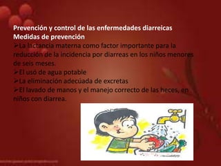 Prevención y control de las enfermedades diarreicas
Medidas de prevención
La lactancia materna como factor importante para la
reducción de la incidencia por diarreas en los niños menores
de seis meses.
El usó de agua potable
La eliminación adecúada de excretas
El lavado de manos y el manejo correcto de las heces, en
niños con diarrea.
 