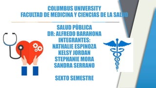 COLUMBUS UNIVERSITY
FACULTAD DE MEDICINA Y CIENCIAS DE LA SALUD
SALUD PÙBLICA
DR: ALFREDO BARAHONA
INTEGRANTES:
NATHALIE ESPINOZA
KELSY JORDAN
STEPHANIE MORA
SANDRA SERRANO
SEXTO SEMESTRE
 