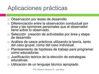 Aplicaciones prácticas
 Observación por áreas de desarrollo
 Diferenciación entre la observación conductual por
área y las opiniones personales que el observador
tiene sobre lo observado.
 Selección creación de actividades por área y etapa
de desarrollo
 Análisis de casos prácticos utilizando la teoría, tanto
del caso grupal, como del caso individual.
 Planteamiento de hipótesis de trabajo para programar
como educadoras.
 Justificación teórica de la elección de estrategias
educativas
 Utilización de un lenguaje técnico apropiado
Prof. Rosario Vasquez R. - psicóloga
 