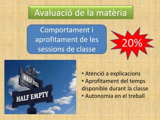 Avaluació de la matèria
20%
Comportament i
aprofitament de les
sessions de classe
• Atenció a explicacions
• Aprofitament del temps
disponible durant la classe
• Autonomia en el treball
 