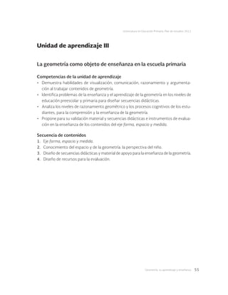 Geometría: su aprendizaje y enseñanza 55
Licenciatura en Educación Primaria. Plan de estudios 2012
La geometría como objeto de enseñanza en la escuela primaria
Competencias de la unidad de aprendizaje
•	 Demuestra habilidades de visualización, comunicación, razonamiento y argumenta-
ción al trabajar contenidos de geometría.
•	 Identifica problemas de la enseñanza y el aprendizaje de la geometría en los niveles de
educación preescolar y primaria para diseñar secuencias didácticas.
•	 Analiza los niveles de razonamiento geométrico y los procesos cognitivos de los estu-
diantes, para la comprensión y la enseñanza de la geometría.
•	 Propone para su validación material y secuencias didácticas e instrumentos de evalua-
ción en la enseñanza de los contenidos del eje forma, espacio y medida.
Secuencia de contenidos
1.	Eje forma, espacio y medida.
2.	 Conocimiento del espacio y de la geometría: la perspectiva del niño.
3.	 Diseño de secuencias didácticas y material de apoyo para la enseñanza de la geometría.
4.	 Diseño de recursos para la evaluación.
Unidad de aprendizaje III
 