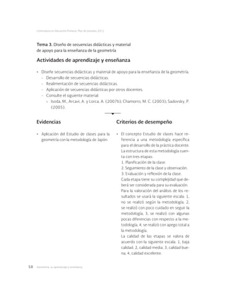 Geometría: su aprendizaje y enseñanza58
Licenciatura en Educación Primaria. Plan de estudios 2012
Tema 3. Diseño de secuencias didácticas y material
de apoyo para la enseñanza de la geometría
Actividades de aprendizaje y enseñanza
•	 Diseñe secuencias didácticas y material de apoyo para la enseñanza de la geometría.
-	 Desarrollo de secuencias didácticas.
-	 Realimentación de secuencias didácticas.
-	 Aplicación de secuencias didácticas por otros docentes.
-	 Consulte el siguiente material:
›	 Isoda, M., Arcavi, A. y Lorca, A. (2007b); Chamorro, M. C. (2003); Sadovsky, P.
(2005).
Evidencias Criterios de desempeño
•	 Aplicación del Estudio de clases para la
geometría con la metodología de Japón.
•	 El concepto Estudio de clases hace re-
ferencia a una metodología específica
para el desarrollo de la práctica docente.
La estructura de esta metodología cuen-
ta con tres etapas:
1. Planificación de la clase.
2. Seguimiento de la clase y observación.
3. Evaluación y reflexión de la clase.
Cada etapa tiene su complejidad que de-
berá ser considerada para su evaluación.
Para la valoración del análisis de los re-
sultados se usará la siguiente escala: 1,
no se realizó según la metodología; 2,
se realizó con poco cuidado en seguir la
metodología; 3, se realizó con algunas
pocas diferencias con respecto a la me-
todología; 4, se realizó con apego total a
la metodología.
La calidad de las etapas se valora de
acuerdo con la siguiente escala: 1, baja
calidad; 2, calidad media; 3, calidad bue-
na; 4, calidad excelente.
 