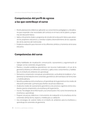 Geometría: su aprendizaje y enseñanza6
Licenciatura en Educación Primaria. Plan de estudios 2012
Competencias del perfil de egreso
a las que contribuye el curso
•	 Diseña planeaciones didácticas aplicando sus conocimientos pedagógicos y disciplina-
res para responder a las necesidades del contexto en el marco de los planes y progra-
mas de educación básica.
•	 Aplica críticamente el plan y programas de estudio de la educación básica para alcan-
zar los propósitos educativos y contribuir al pleno desenvolvimiento de las capacida-
des de los alumnos del nivel escolar.
•	 Emplea la evaluación para intervenir en los diferentes ámbitos y momentos de la tarea
educativa.
Competencias del curso
•	 Aplica habilidades de visualización, comunicación, razonamiento y argumentación al
trabajar con los contenidos de geometría.
•	 Plantea y resuelve problemas geométricos con recursos tradicionales y el uso de la
geometría dinámica en diferentes contextos y aplica estos conocimientos y habilida-
des en el diseño de ambientes de aprendizaje.
•	 Demuestra comprensión conceptual, procedimental y actitudinal al establecer y fun-
damentar la interrelación entre contenidos geométricos del nivel básico de forma inter
y multidisciplinaria.
•	 Identifica problemas de la enseñanza y el aprendizaje de la geometría en los niveles de
educación preescolar y primaria para diseñar secuencias didácticas.
•	 Analiza los niveles de razonamiento geométrico y los procesos cognitivos de los estu-
diantes para la comprensión y la enseñanza de la geometría.
•	 Usa las Tecnologías de la Información y la Comunicación (tic) como herramientas de
enseñanza y aprendizaje.
•	 Propone secuencias didácticas e instrumentos de evaluación en la enseñanza de los
contenidos del Eje forma, espacio y medida para su validación.
•	 Usa estrategias de carácter lúdico en el diseño de ambientes para la enseñanza y
aprendizaje de contenidos de geometría.
 