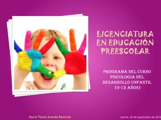 PROGRAMA DEL CURSO
   PSICOLOGIA DEL
DESARROLLO UNFANTIL
     (0-12 AÑOS)




      Jueves, 20 de Septiembre de 2012
 