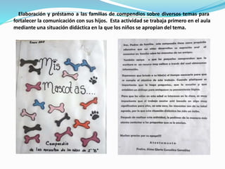 Elaboración y préstamo a las familias de compendios sobre diversos temas para
fortalecer la comunicación con sus hijos. Esta actividad se trabaja primero en el aula
mediante una situación didáctica en la que los niños se apropian del tema.
 