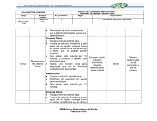 AULA PRODUCTIVA DE LACTEOS                                   MANUAL DE SANEAMIENTO BÁSICO INTEGRAL
                                                                  PROGRAMA DE LIMPIEZA Y DESINFECCION
   Código              Fecha de          No. de Revisión        Página                            Responsables:
                       Emisión
                     13 de Abril de            0                                         Coordinadores, Instructores y Aprendices
L&D-UPL-CBC-             2010
    SENA



                                
                               Al momento de armar nuevamente,
                               lave y desinfecte todas las piezas que
                               se desarmaron.
                            Limpieza Diaria:
                             Enjuague con abundante agua.
                             Prepare la solución limpiadora y con
                               ayuda de un cepillo refriegue todas
                               las partes de tal forma que se elimine
                               la leche que ha podido quedar
                               adherido.
                             Deje actuar esta solución por 10
                                                                            Esponja, cepillo,                               Operario,
                               minutos y proceda a retirarla con
                                                                                solución                                   Supervisado
               Almacenamie     abundante agua.
                                                                              limpiadora,                                     por el
 Tanque         nto Materia  Realice una revisión visual para                                          Diario
                                                                                solución                                   encargado o
                   Prima       asegurarse que se ha eliminado
                                                                             desinfectante,                                  jefe de
                               completamente la suciedad.
                                                                             agua potable                                    proceso
                                Desinfección:
                                 Prepare la solución desinfectante.
                                 Adiciónela por aspersión con ayuda
                                   de un atomizador.
                                 Deje actuar esta solución por 15
                                   minutos.

                                Limpieza Diaria:
                                 Enjuague con abundante agua.
                                 Prepare la solución limpiadora y con
                                   ayuda de un cepillo refriegue todas
                                   las partes de tal forma que se elimine


                                              SENA-Centro Biotecnológico del Caribe
                                                       Valledupar-Cesar
 