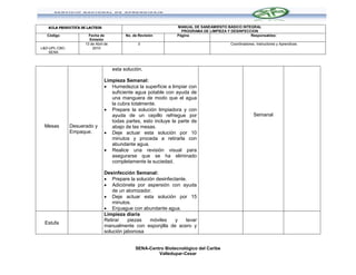 AULA PRODUCTIVA DE LACTEOS                                      MANUAL DE SANEAMIENTO BÁSICO INTEGRAL
                                                                     PROGRAMA DE LIMPIEZA Y DESINFECCION
   Código              Fecha de             No. de Revisión        Página                            Responsables:
                       Emisión
                     13 de Abril de               0                                         Coordinadores, Instructores y Aprendices
L&D-UPL-CBC-             2010
    SENA



                                      esta solución.

                                Limpieza Semanal:
                                 Humedezca la superficie a limpiar con
                                   suficiente agua potable con ayuda de
                                   una manguera de modo que el agua
                                   la cubra totalmente.
                                 Prepare la solución limpiadora y con
                                   ayuda de un cepillo refriegue por                                     Semanal
                                   todas partes, esto incluye la parte de
 Mesas         Desuerado y         abajo de las mesas.
               Empaque.          Deje actuar esta solución por 10
                                   minutos y proceda a retirarla con
                                   abundante agua.
                                 Realice una revisión visual para
                                   asegurarse que se ha eliminado
                                   completamente la suciedad.

                                Desinfección Semanal:
                                 Prepare la solución desinfectante.
                                 Adiciónela por aspersión con ayuda
                                    de un atomizador.
                                 Deje actuar esta solución por 15
                                    minutos.
                                 Enjuague con abundante agua.
                                Limpieza diaria
                                Retirar    piezas   móviles    y   lavar
 Estufa
                                manualmente con esponjilla de acero y
                                solución jabonosa


                                                 SENA-Centro Biotecnológico del Caribe
                                                          Valledupar-Cesar
 