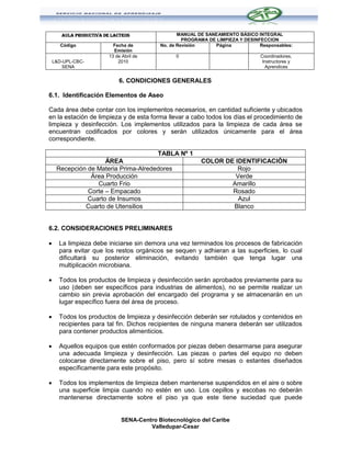 AULA PRODUCTIVA DE LACTEOS                  MANUAL DE SANEAMIENTO BÁSICO INTEGRAL
                                                     PROGRAMA DE LIMPIEZA Y DESINFECCION
       Código              Fecha de         No. de Revisión     Página            Responsables:
                           Emisión
                         13 de Abril de           0                               Coordinadores,
    L&D-UPL-CBC-             2010                                                  Instructores y
        SENA                                                                        Aprendices


                             6. CONDICIONES GENERALES

6.1. Identificación Elementos de Aseo

Cada área debe contar con los implementos necesarios, en cantidad suficiente y ubicados
en la estación de limpieza y de esta forma llevar a cabo todos los días el procedimiento de
limpieza y desinfección. Los implementos utilizados para la limpieza de cada área se
encuentran codificados por colores y serán utilizados únicamente para el área
correspondiente.

                                           TABLA Nº 1
                     ÁREA                                  COLOR DE IDENTIFICACIÓN
     Recepción de Materia Prima-Alrededores                          Rojo
                Área Producción                                     Verde
                  Cuarto Frio                                      Amarillo
               Corte – Empacado                                    Rosado
               Cuarto de Insumos                                     Azul
              Cuarto de Utensilios                                 Blanco


6.2. CONSIDERACIONES PRELIMINARES

     La limpieza debe iniciarse sin demora una vez terminados los procesos de fabricación
      para evitar que los restos orgánicos se sequen y adhieran a las superficies, lo cual
      dificultará su posterior eliminación, evitando también que tenga lugar una
      multiplicación microbiana.

     Todos los productos de limpieza y desinfección serán aprobados previamente para su
      uso (deben ser específicos para industrias de alimentos), no se permite realizar un
      cambio sin previa aprobación del encargado del programa y se almacenarán en un
      lugar específico fuera del área de proceso.

     Todos los productos de limpieza y desinfección deberán ser rotulados y contenidos en
      recipientes para tal fin. Dichos recipientes de ninguna manera deberán ser utilizados
      para contener productos alimenticios.

     Aquellos equipos que estén conformados por piezas deben desarmarse para asegurar
      una adecuada limpieza y desinfección. Las piezas o partes del equipo no deben
      colocarse directamente sobre el piso, pero sí sobre mesas o estantes diseñados
      específicamente para este propósito.

     Todos los implementos de limpieza deben mantenerse suspendidos en el aire o sobre
      una superficie limpia cuando no estén en uso. Los cepillos y escobas no deberán
      mantenerse directamente sobre el piso ya que este tiene suciedad que puede


                               SENA-Centro Biotecnológico del Caribe
                                        Valledupar-Cesar
 