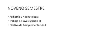 NOVENO SEMESTRE
• Pediatría y Neonatología
• Trabajo de Investigación III
• Electiva de Complementación I
 