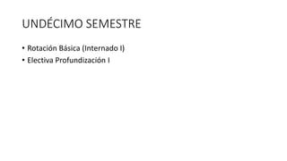 UNDÉCIMO SEMESTRE
• Rotación Básica (Internado I)
• Electiva Profundización I
 