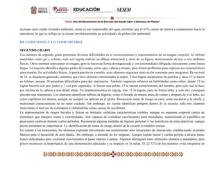 acciones para cuidar el medio ambiente, como el uso responsable del agua, mientras que el 85% carece de interés y compromiso hacia la
naturaleza, lo que se refleja en su escaso involucramiento en actividades de protección ambiental.
DE LO HUMANO Y LO COMUNITARIO
SEGUNDO GRADO
Los alumnos de segundo grado presentan diversas dificultades en el reconocimiento y representación de su imagen corporal. Al utilizar
materiales como gis y colores, solo seis logran realizar un dibujo estructural y claro de su figura, mencionando de tres a seis atributos
físicos. Otros intentan representar su imagen, pero lo hacen de forma desorganizada y con extremidades dibujadas únicamente como líneas
largas. La mayoría identifica algunas partes del cuerpo, como ojos, cabeza y manos, pero tienen problemas para expresar sus características
emocionales. En actividades físicas, la participación es variable; siete alumnos requieren motivación constante para integrarse. De un total
de 14, se desplazan gateando, mientras que cinco alternan extremidades al reptar. Trece logran desplazarse de puntitas y otros 13 lo hacen
en talones, aunque 20 presentan dificultades para dar marometas. También requieren refuerzo en habilidades como saltar, donde 12 no
logran hacerlo con pies juntos y 7 con pies separados. Al lanzar una pelota, 15 la lanzan correctamente del hombro, pero solo uno lo hace
por encima de la cabeza y seis desde abajo. En desplazamientos en zigzag, solo 11 lo logran, pero de forma lenta, y solo tres consiguen
ejecutar una marometas. Los alumnos identifican hábitos de higiene, como el lavado de manos antes de comer y después de ir al baño, así
como cepillarse los dientes, aunque no siempre los aplican en el jardín. Reconocen zonas de riesgo en casa, como escaleras y la estufa, y
mencionan consecuencias de no tener cuidado. Sin embargo, les cuesta identificar peligros dentro de la escuela; solo tres alumnos
mencionan el mal uso de columpios y resbaladillas como causas de accidentes.
La representación de rasgos faciales y físicos es limitada; enfatizan características visibles, aunque su esquema corporal carece de
elementos que integren rostro y extremidades. Son capaces de coordinar movimientos para trasladarse, manteniendo el equilibrio en
posiciones estáticas durante cortos periodos. Reconocen algunas medidas de higiene personal y los beneficios de estas prácticas, aunque
pocos entienden su importancia. La identificación de zonas de riesgo dentro de la escuela es también escasa.
En cuanto a las emociones, los alumnos expresan brevemente sus sentimientos ante situaciones de interacción, estableciendo acuerdos
básicos para el desarrollo de actividades. Sin embargo, a menudo no los respetan. Aunque logran lanzar y cachar pelotas a alturas bajas,
tienen dificultades para coordinar movimientos al pasar objetos o patear. Algunos distinguen entre alimentos chatarra y saludables, pero
pocos reconocen la importancia de una alimentación adecuada y su impacto en la salud. El 22.72% de los alumnos evita integrarse en
 