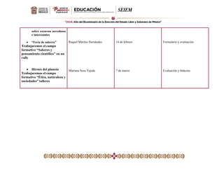 sobre recursos novedosos
e interesantes
• “Feria de saberes”
Trabajaremos el campo
formativo “Saberes y
pensamiento científico” en un
rally
• Héroes del planeta
Trabajaremos el campo
formativo “Ética, naturaleza y
sociedades” talleres
Raquel Mariles Hernández
Mariana Sosa Tejeda
14 de febrero
7 de marzo
Formulario y evaluación
Evaluación y bitácora
 