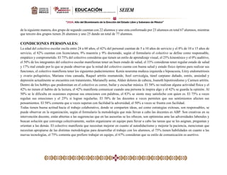 de la siguiente manera, dos grupo de segundo cuentan con 22 alumnos y uno esta conformado por 23 alumnos en total 67 alumnos, mientras
que tercero dos grupos tienen 26 alumnos y uno 25 dando un total de 77 alumnos.
CONDICIONES PERSONALES:
La edad del colectivo escolar oscila entre 24 a 60 años, el 42% del personal cuentan de 5 a 10 años de servicio y el 8% de 10 a 15 años de
servicio, el 82% cuentan con licenciatura, 9% maestría y 9% doctorado, según el formulario el colectivo se define como responsable,
empático y comprometido. El 75% del colectivo consideras que tienen un estilo de aprendizaje visual, el 25% kinestésico y el 0% auditivo,
el 50% de los integrantes del colectivo escolar manifiestan tener un buen estado de salud, el 33% consideran tener regular estado de salud
y 17% mal estado por lo que se puede observar que la mitad del colectivo cuenta con buena salud y estado físico óptimo para realizar sus
funciones, el colectivo manifiesta tener los siguientes padecimientos: Kenia neuroma muñeca izquierda e hipoacusia, Litzy endometriosis
y ovario poliquístico, Mariana vista cansada, Raquel artritis reumatoide, Itzel cervicalgia, túnel carpiano dañado, estrés, ansiedad y
depresión actualmente se encuentra con tratamiento, Marianelly asma, Aldair dolores de cabeza, Joaneth hipotiroidismo y Carmen artritis.
Dentro de los hobbys que predominan en el colectivo es correr, bailar y escuchar música. El 58% no realizan alguna actividad física y el
42% no tienen el habito de la lectura, el 42% manifiesta comunicar cuando una persona le inspira algo y el 42% se guarda la opinión. Al
50% se le dificulta en ocasiones expresar sus emociones con palabras, el 83% se siente muy satisfecho con quien es. El 75% a veces
regulan sus emociones y el 25% si logran regularlas. El 58% de las docentes a veces permiten que sus sentimientos afecten sus
pensamientos. El 58% comenta que a veces superan con facilidad la adversidad, el 50% a veces se frustra con facilidad.
Todas tienen buena actitud hacia el trabajo colaborativo, donde se comparten ideas, así como estrategias exitosas, son responsables, se
puede observar en la organización, según el formulario la metodología que más llevan a cabo las docentes es ABP. Son creativas en su
intervención docente, están abiertas a las sugerencias que en las asesorías se les ofrecen, son optimistas ante las adversidades laborales y
buscan solución que convenga colectivamente, suelen organizarse en equipo para llevar a cabo las tareas que se les asignan, preguntan y
orientan a las demás. El colectivo manifiesta que necesitan mejorar en cuanto al autodidactismo y mejorar la paciencia, mencionan que
necesitan apropiarse de las distintas metodologías para desarrollar el trabajo con los alumnos, el 75% tienen habilidades en cuanto a las
nuevas tecnologías, el 75% comenta que prefiere trabajar en equipo, el 67% consideran que su estilo de comunicación es asertivo.
 