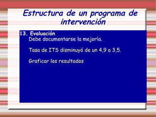 Estructura de un programa de
intervención
13. Evaluación
Debe documentarse la mejoría.
Tasa de ITS disminuyó de un 4,9 a 3,5.
Graficar los resultados
 