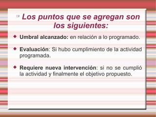 
Los puntos que se agregan son
los siguientes:
 Umbral alcanzado: en relación a lo programado.
 Evaluación: Si hubo cumplimiento de la actividad
programada.
 Requiere nueva intervención: si no se cumplió
la actividad y finalmente el objetivo propuesto.
 