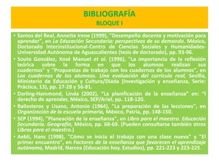 BIBLIOGRAFÍA
                                 BLOQUE I
• Santos del Real, Annette Irene (1999), "Desempeño docente y motivación para
  aprender", en La Educación Secundaria: perspectivas de su demanda. México,
  Doctorado Interinstitucional-Centro de Ciencias Sociales y Humanidades-
  Universidad Autónoma de Aguascalientes (tesis de doctorado), pp. 93-96.
• Souto González, Xosé Manuel et al. (1996), "La importancia de la reflexión
  teórica sobre la forma en que los alumnos realizan sus
  cuadernos" y "Propuestas de trabajo con los cuadernos de los alumnos", en
  Los cuadernos de los alumnos. Una evaluación del currículo real, Sevilla,
  Ministerio de Educación y Cultura/Díada (Investigación y enseñanza, Serie:
  Práctica, 13), pp. 27-28 y 56-81.
• Darling-Hammond, Linda (2002), “La planificación de la enseñanza” en: “l
  derecho de aprender, México, SEP/Ariel, pp. 118-120.
• Ballesteros y Usano, Antonio (1964), "La preparación de las lecciones", en
  Organización de la escuela primaria, México, Patria, pp. 148-150.
• SEP (1994), "Planeación de la enseñanza", en Libro para el maestro. Educación
  Secundaria. Geografía, México, pp. 68-69. (Pueden consultarse también otros
  Libros para el maestro.)
• Aebli, Hans (1998), "Cómo se inicia el trabajo con una clase nueva" y "El
  primer encuentro", en Factores de la enseñanza que favorecen el aprendizaje
  autónomo, Madrid, Narcea (Educación hoy. Estudios), pp. 221-223 y 223-225.
 