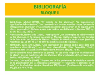 BIBLIOGRAFÍA
                                  BLOQUE II
•   Saint-Onge, Michel (1997), “El interés de los alumnos”, “La organización
    significativa del contenido”, "Las características de una enseñanza que favorece la
    entrega de los alumnos” y “La competencia de los profesores” en Yo explico, pero
    ellos... ¿aprenden?, Biblioteca para la Actualización del Maestro, México, SEP, pp.
    27-36, 112-116, 149-177.
•   Nieva Jurado, Norma Lilia (1999), "Participación", en Estrategias de sobrevivencia
    de los alumnos en la escuela secundaria, México, Instituto Superior de Ciencias
    de la Educación del Estado de México. División Académica de Ecatepec (tesis de
    maestría), pp. 66-69, 76-77, 79-80 y 83-84 [Selección de registros].
•   Tomlinson, Carol Ann (2003), “Una instrucción de calidad como base para una
    enseñanza diversificada”, en: El aula diversificada, Pilar Cercadillo (Trad.),
    Biblioteca para la Actualización del Maestro, México, SEP, pp. 71-87.
•   Souto González, Xosé Manuel et al. (1996), "El uso de la lengua en los cuadernos
    de clase", en Los cuadernos de los alumnos. Una evaluación del currículo real,
    Sevilla, MEC/Díada, pp. 40-55.
•   Gotzens, Concepción (1997), "Prevención de los problemas de disciplina basada
    en la planificación de la enseñanza-aprendizaje" y "Disciplina y atención en el
    aula", en La disciplina escolar, Barcelona, ICE/Horsori (Cuadernos de educación,
    24), pp. 63-77 y 77-83.
 
