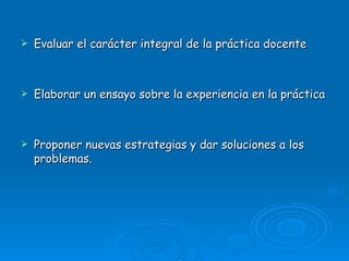 Evaluar el carácter integral de la práctica docente Elaborar un ensayo sobre la experiencia en la práctica Proponer nuevas estrategias y dar soluciones a los problemas. 
