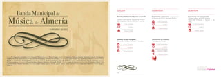 octubre                                      noviembre                             diciembre

                                                                                                                                                  Festival Solidario “Ayuda a Lorca”           Concierto-concurso Internacional      Concierto de temporada
                                                                                                                                                                                               de Banda de Música “Eusebio Rivera”   Trompa solista: Verónica Jiménez
                                                                                                                                                  También participarán: Agrupación Musical                                           Obras de R.Strauss, J. Barnes, J. de
                                                                                                                                                  San Indalecio y Banda Sinfónica Provincial         1 de noviembre                  Meij…
                                                                                                                                                             9 de octubre                                      19:30 h                     11 de diciembre
                                                                                                                                                                    12:00 h                                                                        12:00 h
                                                                                                                                                                                                       Teatro Apolo
                                                                                                                                                        Auditorio Municipal
                                                                                                                                                            Maestro Padilla                                                                   Teatro Apolo




                                                                                                                                                  Música en los Parques                        Concierto en familia
                                                                                                                                                  Obras de E. Rivera, G Deval, M Torroba...    “La magia de Disney”

                                                                                                                                                           23 de octubre                            13 de noviembre

                                                                                                                                                                   12:00 h                                   12:00 h
                                                                                                                                                         Templete del Parque
                                                                                                                                                                                                  Auditorio Municipal
                                                                                                                                                           Nicolás Salmerón                           Maestro Padilla

                                                                                                                                                                                                       5€ adultos 3€ niños

Flauta Mª Angustias González Oboe Carmen Molina Requinto Marcel López Clarinetes Miguel A. Puertas, Cecilio Gutiérrez, Juan C. Fernández,
Ángeles Giménez, José Álamo, Mª del Carmen Rodríguez, Antonio Fernández, Clarinete Bajo José Viciana Fagot Antonio J. Valero Saxofones Altos
Miguel A. Leseduarte, David Sánchez, Saxofones Tenores Emilio Leseduarte, Jesus M. Bisbal Fliscornos Jose A. García, Jose A. Martínez Trompa
Verónica Jiménez Trompetas Manuel Guillém, Antonio Sánchez, Vicente R. Ocaña, Trombón Juan A. García Trombón Bajo Francisco J. Pérez Tuba
José Fornieles, Manuel González Percusión Jose F. López, Juan J. Torres, Luis F. Serna, Javier Corral Archivo Laureano Navarra Director Juan J.
Navarro



40                                                                                                                                                41
 