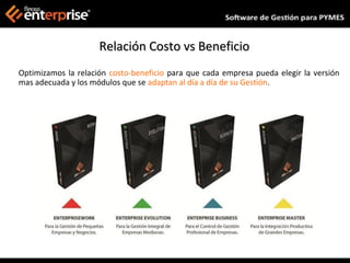 Relación Costo vs Beneficio
Optimizamos la relación costo-beneficio para que cada empresa pueda elegir la versión
mas adecuada y los módulos que se adaptan al día a día de su Gestión.
 