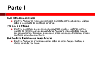 Parte I 
6.As relações espirituais 
 Objetivo: Analisar as relações de simpatia e antipatia entre os Espíritos. Explicar 
sobre a recordação da existência corpórea. 
7.O Céu e o Inferno 
 Objetivo: Conceituar a céu e inferno nas diversas religiões. Explanar sobre a 
intuição do homem sobre as penas futuras. Analisar a impossibilidade material 
das penas eternas. Descrever a crença em anjos e demônios.Conceituar anjos e 
demônios segundo o espiritismo. 
8.A Doutrina Espírita e as penas futuras 
 Objetivo: Analisar os princípios espíritas sobre as penas futuras. Explicar o 
código penal da vida futura. 
 