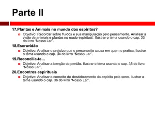 Parte II 
17.Plantas e Animais no mundo dos espíritos? 
 Objetivo: Recordar sobre fluidos e sua manipulação pelo pensamento. Analisar a 
visão de animais e plantas no mudo espiritual. Ilustrar o tema usando o cap. 33 
do livro “Nosso Lar”. 
18.Escravidão 
 Objetivo: Analisar o prejuízo que o preconceito causa em quem o pratica. Ilustrar 
o tema usando o cap. 34 do livro “Nosso Lar”. 
19.Reconcilia-te... 
 Objetivo: Analisar a benção do perdão. Ilustrar o tema usando o cap. 35 do livro 
“Nosso Lar”. 
20.Encontros espirituais 
 Objetivo: Analisar o conceito de desdobramento do espírito pelo sono. Ilustrar o 
tema usando o cap. 36 do livro “Nosso Lar”. 
 