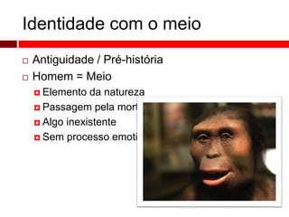 Identidade com o meio 
 Antiguidade / Pré-história 
 Homem = Meio 
 Elemento da natureza 
 Passagem pela morte 
 Algo inexistente 
 Sem processo emotivo 
 