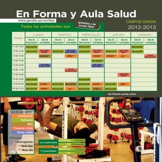 GANDIA 12-13 castella.qxd:GANDIA 27/09/12 9:53 Página 7




             En Forma y Aula salud
               www.gandia.upv.es/dep
                                                                                                 ¡gratuitas                                                CAMPUS GANDIA
                                                                                                            y
                                                                                                  acceso lib de
                  todas las actividades son                                                                 re!                                                  2012-2013
                                LuNEs                            maRTEs                              mIÉRCOLEs                           JuEVEs                             VIERNEs
            horario
                          sala de        sala de             sala de         sala de                sala de        sala de          sala de         sala de          sala de         sala de
                        Musculación    Actividades         Musculación     Actividades            Musculación    Actividades      Musculación     Actividades      Musculación     Actividades
          11:30-12:30   MUSCULACIÓN*                                                             MUSCULACIÓN*                                                      MUSCULACIÓN*

          12:30-13:30                    Aula Salud:                      Aula Salud:                             Aula Salud:     MUSCULACIÓN*     Aula Salud:
                        MUSCULACIÓN*      PILATES*         MUSCULACIÓN* DANZA VIENTRE** MUSCULACIÓN*               TAICHI**                         YOGA**         MUSCULACIÓN*

          13:30-14:30                  AEROTONIC**                           ZUMBA***                            AEROBOX**         SPINNING***      STEP***                            Aula Salud:
                                                                                                                                                                                  Reeducación Postural**
          14:30-15:30                                                                                           GAP+STRECHING**

          15:30-16:30                    Aula Salud:                                                             Aula Salud:
                                       BAILES DE SALÓN**                                                        BOLLYWOOD**
          16:30-17:30                                                          Aula Salud:
                                                                          Reeducación Postural
          17:30-18:30                                                                                                                              Aula Salud:
                                                                                                                                                    PILATES*
          18:30-19:30   MUSCULACIÓN*                                                             MUSCULACIÓN*

          19:30-20:30   MUSCULACIÓN*    SPINNING***        MUSCULACIÓN* BARS TRAINING** MUSCULACIÓN*             SPINNING***      MUSCULACIÓN*     ZUMBA***

          20:30-21:30   MUSCULACIÓN*     AEROBOX**         MUSCULACIÓN*       STEP***            MUSCULACIÓN*     FITNESS**       MUSCULACIÓN*

                                                                                                                                    Sala Polivalente (spinning y pilates)




       Tipo de actividad:
              Cardiovascular
                Tonificación
                       Mixta
          Prevención y Relax
             Danzas y bailes
       Dificultad:
                                                                  Comienzo               2 de octubre
            * Autorregulación          1er. Cuatrimestre
                                                                             Fin 21 de diciembre
                ** Media-Baja
                                                                  Comienzo                4 de febrero
               *** Media-Alta            2º Cuatrimestre
                                                                             Fin           17 de mayo
                                                                                                                                                                                                 7
 