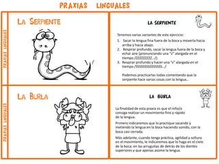 LA SERPIENTE
Tenemos varias variantes de este ejercicio:
1. Sacar la lengua fina fuera de la boca y moverla hacia
arriba y hacia abajo.
2. Respirar profundo, sacar la lengua fuera de la boca y
echar aire (pronunciando una “z” alargada en el
tiempo /ZZZZZZZZZ…/).
3. Respirar profundo y hacer una “s” alargada en el
tiempo /SSSSSSSSSSSSSSS…/
Podemos practicarlas todas comentando que la
serpiente hace varias cosas con la lengua…
La BURLA
La finalidad de esta praxia es que el niño/a
consiga realizar un movimiento fino y rápido
de la lengua.
Primero indicaremos que lo practique sacando y
metiendo la lengua en la boca haciendo sonido, con la
boca casi cerrada.
Más adelante, cuando tenga práctica, agilidad y soltura
en el movimiento, le indicaremos que lo haga en el cielo
de la boca, en las arruguitas de detrás de los dientes
superiores y que apenas asome la lengua.
La Serpiente
PRAXIAS LINGUALES
La Burla
praxiaslingualespraxiaslinguales
 