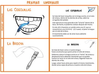 Las Cosquillas
PRAXIAS LINGUALES
La Brocha La BROCHA
Se trata de hacer como si nuestra lengua
fuese una brocha que quiere pintar el cielo de la boca.
Debemos colocar la lengua ancha en el “techo” de la boca y
desplazarla hacia adelante intentando que no queden
huecos sin tocar en el cielo de la boca, llegando hasta los
dientes de arriba.
Luego, volver hacia atrás para repetir el mismo movimiento,
dando varias capas de pintura a nuestro cielo de la boca.
Las Cosquillas
Se trata de hacer cosquillas con la lengua ancha, en el cielo
de la boca, detrás de los dientes de arriba, sobre las
arruguitas del paladar.
Este ejercicio es muy parecido al de “la burla” dentro de la
boca. De hecho, lo podemos realizar después del mismo.
Es más útil si hacemos un sonido como una /i/, que se
convertirá en una /iririririri/ -(/r/ suave)- al pasar la lengua
por el cielo de la boca.
El movimiento debe ser de atrás hacia adelante
sucesivamente.
praxiaslingualespraxiaslinguales
 