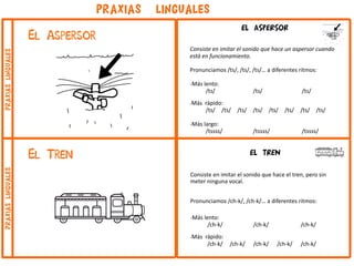 EL ASPERSOR
Consiste en imitar el sonido que hace un aspersor cuando
está en funcionamiento.
Pronunciamos /ts/, /ts/, /ts/… a diferentes ritmos:
-Más lento:
/ts/ /ts/ /ts/
-Más rápido:
/ts/ /ts/ /ts/ /ts/ /ts/ /ts/ /ts/ /ts/
-Más largo:
/tssss/ /tssss/ /tssss/
EL TREN
Consiste en imitar el sonido que hace el tren, pero sin
meter ninguna vocal.
Pronunciamos /ch-k/, /ch-k/… a diferentes ritmos:
-Más lento:
/ch-k/ /ch-k/ /ch-k/
-Más rápido:
/ch-k/ /ch-k/ /ch-k/ /ch-k/ /ch-k/
PRAXIAS LINGUALES
El Aspersor
El Tren
praxiaslingualespraxiaslinguales
 