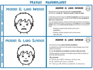 PRAXIAS mandibulares
Morder El Labio Inferior
Morder El Labio Superior MORDER EL LABIO SUPERIOR
Este ejercicio es para ganar destreza mandibular.
Lo realizaremos junto con el de morder el labio de abajo, que es más
práctico y funcional.
Se trata de adelantar la mandíbula y morder el labio de arriba.
También podemos combinar la mordida suave del labio de abajo y el
de arriba alternativamente.
Muy importante:
Ø Este tipo de mordida la realizaremos de forma suave.
Ø Con realizarla varias veces es suficiente.
Ø Si vemos que sabe realizarlo correctamente, la extinguiremos.
MORDER EL LABIO INFERIOR
Este ejercicio nos servirá para aprender la pronunciación
del fonema o sonido /f/. Debemos morder el labio de abajo.
ØAl principio, haremos el ejercicio de forma exagerada, haciendo hincapié en
enseñar los dientes de arriba y sin que se vea el labio de abajo, mordemos el
labio como a cámara lenta.
ØEn una segunda instancia, cuando el niño/a tenga más destreza mordiendo y
soltando suavemente el labio, le instaremos a que respire por la nariz, muerda
el labio y poco a poco eche el aire por la boca manteniendo la misma posición
labial.
à (Respira), (muerde el labio inferior), (echa el aire):
/ffffffffffffffff…/
à (Respira, muerde y soltamos el aire en varias veces):
/ffff/, /ffff/, /ffff/
PRAXIASmandibularesPRAXIASmandibulares
 