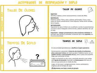 TIEMPOS DE SOPLO
En esta actividad aprenderemos a dosificar el soplo espiratorio.
Comenzaremos repasando la toma de aire (nasal) y lo echaremos
poco a poco por la boca, de modo que dure. Podemos espirar con un
soplido normal, o pronunciando una /s/, como si fuese una serpiente
larga, que camina por la línea.
Luego, lo echaremos en dos veces, prestando atención a que ambas
sean iguales de duración, haciendo una breve pausa entre una y la
otra y sin que tome aire en medio de ellas.
Luego, en tres veces; y progresivamente, iremos cambiando la
longitud y de los tiempos de soplo.
µ Adjuntamos una hoja a modo de ejemplo.
Tiempos De Soplo
Taller De Olores TALLER DE OLORES
OBJETIVO:
Identificar objetos y olores exclusivamente a través del olfato.
MATERIALES:
Podemos utilizar: flores, velas y jabones perfumados, frutas y otras
cosas con olores característicos, como especias, hierba recién cortada,
tierra mojada…
METODOLOGÍA:
Taparemos los ojos al niño/a con un pañuelo o similar, le presentaremos
uno de los olores trabajados anteriormente y deberá identificar de cuál
se trata.
Importante: trabajar previamente los olores de forma individual. Al
principio, para facilitar la actividad, le daremos dos o tres opciones con
el aroma presentado.
actividades de respiraci√ón y soplorespiraciónysoploRespiraci√ónysoplo
 