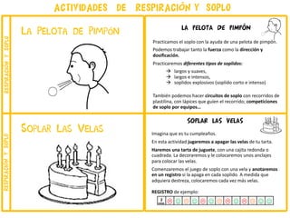Soplar Las Velas
2
L J K J L J K L J L K J Jvelas
La Pelota de Pimpón
SOPLAR LAS VELAS
Imagina que es tu cumpleaños.
En esta actividad jugaremos a apagar las velas de tu tarta.
Haremos una tarta de juguete, con una cajita redonda o
cuadrada. La decoraremos y le colocaremos unos anclajes
para colocar las velas.
Comenzaremos el juego de soplo con una vela y anotaremos
en un registro si la apaga en cada soplido. A medida que
adquiera destreza, colocaremos cada vez más velas.
REGISTRO de ejemplo:
LA PELOTA DE PIMPÓN
Practicamos el soplo con la ayuda de una pelota de pimpón.
Podemos trabajar tanto la fuerza como la dirección y
dosificación.
Practicaremos diferentes tipos de soplidos:
à largos y suaves,
à largos e intensos,
à soplidos explosivos (soplido corto e intenso)
También podemos hacer circuitos de soplo con recorridos de
plastilina, con lápices que guíen el recorrido; competiciones
de soplo por equipos…
actividades de respiraci√ón y soplorespiraciónysoploRespiraci√ónysoplo
 