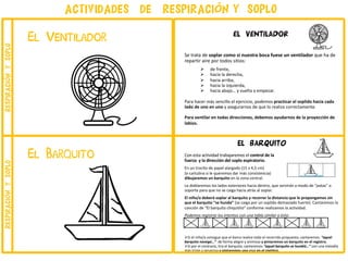 el barquito
Con esta actividad trabajaremos el control de la
fuerza y la dirección del soplo espiratorio.
En un trocito de papel alargado (15 x 4,5 cm)
(o cartulina si le queremos dar más consistencia)
dibujaremos un barquito en la zona central.
Le doblaremos los lados exteriores hacia dentro, que servirán a modo de “patas” o
soporte para que no se caiga hacia atrás al soplar.
El niño/a deberá soplar al barquito y recorrer la distancia que le propongamos sin
que el barquito “se hunda” (se caiga por un soplido demasiado fuerte). Cantaremos la
canción de “El barquito chiquitito” conforme realizamos la actividad.
Podemos registrar los intentos con una tabla similar a ésta:
ØSi el niño/a consigue que el barco realice todo el recorrido propuesto, cantaremos: “aquel
barquito navegó…” de forma alegre y animosa y pintaremos un barquito en el registro.
ØSi por el contrario, tira el barquito, cantaremos “aquel barquito se hundió…” con una melodía
más triste y pesarosa y pintaremos una cruz en el registro.
EL VENTILADOR
Se trata de soplar como si nuestra boca fuese un ventilador que ha de
repartir aire por todos sitios:
Ø de frente,
Ø hacia la derecha,
Ø hacia arriba,
Ø hacia la izquierda,
Ø hacia abajo… y vuelta a empezar.
Para hacer más sencillo el ejercicio, podemos practicar el soplido hacia cada
lado de uno en uno y asegurarnos de que lo realiza correctamente.
Para ventilar en todas direcciones, debemos ayudarnos de la proyección de
labios.
El Barquito
El Ventilador
actividades de respiraci√ón y soplorespiraciónysoploRespiraci√ónysoplo
 