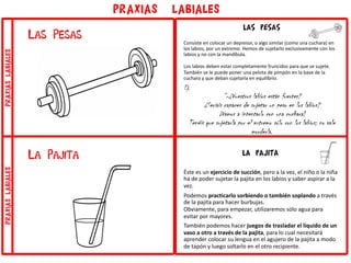 Las Pesas
PRAXIAS LABIALES
La Pajita LA PAJITA
Éste es un ejercicio de succión, pero a la vez, el niño o la niña
ha de poder sujetar la pajita en los labios y saber aspirar a la
vez.
Podemos practicarlo sorbiendo o también soplando a través
de la pajita para hacer burbujas.
Obviamente, para empezar, utilizaremos sólo agua para
evitar por mayores.
También podemos hacer juegos de trasladar el líquido de un
vaso a otro a través de la pajita, para lo cual necesitará
aprender colocar su lengua en el agujero de la pajita a modo
de tapón y luego soltarlo en el otro recipiente.
LAS PESAS
Consiste en colocar un depresor, o algo similar (como una cuchara) en
los labios, por un extremo. Hemos de sujetarlo exclusivamente con los
labios y no con la mandíbula.
Los labios deben estar completamente fruncidos para que se sujete.
También se le puede poner una pelota de pimpón en la base de la
cuchara y que deban sujetarla en equilibrio.
Ej.
“-¿Vuestros labios están fuertes?
¿Seríais capaces de sujetar un peso en los labios?
¡Vamos a intentarlo con una cuchara!
Tenéis que sujetarla por el extremo sólo con los labios; no vale
morderla.
praxiaslabialespraxiaslabiales
 