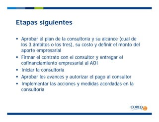 Etapas siguientesEtapas siguientes
Aprobar el plan de la consultoría y su alcance (cual deAprobar el plan de la consultoría y su alcance (cual de
los 3 ámbitos o los tres), su costo y definir el monto del
aporte empresarial
Firmar el contrato con el consultor y entregar el
cofinanciamiento empresarial al AOI
I i i l lt íIniciar la consultoría
Aprobar los avances y autorizar el pago al consultor
Implementar las acciones y medidas acordadas en laImplementar las acciones y medidas acordadas en la
consultoría
 