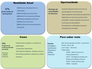Realidade Atual                                                       Oportunidade

                       o 7,5% Recursos não disponíveis ou
    37%                                                                Participar de o Grupo de interesse comum em torno do
                         inadequados
perda média de                                                         comunidades     aprendizado de um mesmo tema
 desempenho            o 5,2% Estratégia não comunicada                de interesse
                                                                                      o Oportunidade de intercâmbio de experiências
                       o 4,5% Ações não claramente definidas
                                                                                      o Organizado em torno de assuntos de alta
                       o 4,1% Responsabilidades não claras
                                                                                         prioridade visando resultados concretos de
                       o 3,7% Barreiras entre áreas
                                                                                         curto prazo aos participantes
                       o 3,0% Monitoramento do desempenho
                                                                                      o Diversidade de contribuições no grupo e
                         inadequado
                                                                                         motivação dos envolvidos




                              Como                                                    Para saber mais

PPG               o Profissionalizar a gestão e o controle nas         Evento         o Data: 29 de setembro de 2010 – quarta-feira
Programa de             organizações                                   Estratégia e   o Horário: 14h às 18h
Profissionalização                                                     Gestão para    o Local: Insper – São Paulo
da Gestão          o    Compartilhar experiências
                                                                       Pequenas e     o Programação
                   o    Discussão de problemas , desafios comuns e
Pequenas                                                               Médias                - 14h00 – Abertura Centro de
e Médias                boas práticas aplicáveis a pequenas e médias   Empresas                Empreendedorismo
Empresas                empresas                                                             - 14h15 – Estratégia de Gestão para
                                                                                               Pequenas de Médias Empresas
                                                                                             - 15h30 – Painéis de Discussão
                                                                                             - 18h00 - Coquetel
 