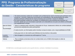 PPG Programa de Profissionalização                                                          Realidade
                                                                                                          Oportunidade
da Gestão - Características do programa                                                       Atual


                                                                                                             Para saber
                                                                                              Como              mais


Convidados        o Da mesma empresa: poderá ser convidado outro profissional da mesma empresa para participar como
                    ouvinte em 1 encontro, desde que comunicado com antecedência. Nas apresentações dos casos,
                    poderão participar profissionais da mesma empresa para aumentar a riqueza de detalhes
                  o De outras empresas: poderá ser convidado um profissional de outra empresa para participar de 1
                    encontro, desde que: (a) comunicado e aprovado com antecedência e (b) para uma efetiva contribuição
                    com experiências no Grupo.
Base de Dados     o Todos os materiais serão colocados à disposição do Grupo, obedecendo critérios de confidencialidade
e                   previamente estabelecidos pelos participantes.
documentação
                  o A cada encontro, as informações serão incluídas na base de dados, sob a responsabilidade da KC&D.

                  o Cada grupo terá um site restrito para biblioteca de documentos e discussões
Local de          o Será divulgado no momento da confirmação da 1º turma.
realização
Valores           o Para condições comerciais entrar em contato direto com a KC&D (informações no slide de
                   fechamento)




     A KC&D fará a coordenação atuando como suporte técnico, condutor e facilitador do processo.




       KC& D - Consultoria e Desenvolvimento                                                                              9
 