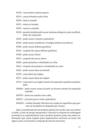 111
H318 – causa danos oculares graves
H319 – causa irritação ocular séria
H330 – fatal se inalado
H331 – tóxico se inalado
H332 – nocivo se inalado
H334 – quando inalado pode causar sintomas alérgicos, asma ou dificul-
dades de respiração
H335 – pode causar irritação respiratória
H336 – pode causar sonolência e vertigem (efeitos narcóticos)
H340 – pode causar defeitos genéticos
H341 – suspeito de causar defeitos genéticos
H350 – pode causar câncer
H351 – suspeito de causar câncer
H360 – pode prejudicar a fertilidade ou o feto
H361 – suspeito de prejudicar a fertilidade ou o feto
H362 – pode causar dano ao lactente
H370 – causa dano aos órgãos
H371 – pode causar dano aos órgãos
H372 – causa dano aos órgãos através da exposição repetida ou prolon-
gada
EUH66 – pode causar secura da pele ou fissuras através da exposição
repetida
EUH70 – tóxico em contato com o olho
EUH71 – corrosivo para o trato respiratório
EUH201 – contém chumbo. Não deve ser usado em superfícies que pos-
sam ser mordidas ou chupadas por criança.
Após a classificação de um produto químico de acordo com seus efeitos
à saúde, a frase de perigo apropriada é colocada na etiqueta da embalagem
(container) ou separadamente com o produto químico, junto com outras in-
formações que sejam exigidas pelos regulamentos nacionais ou locais. Em
alguns casos, é necessário o emprego de mais de uma frase.
PPR_1000.indd 111 23/08/2016 12:16:15
 