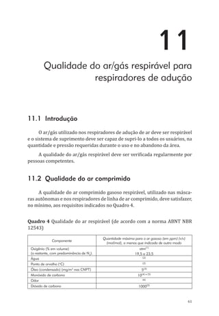 61
11
Qualidade do ar/gás respirável para
respiradores de adução
11.1 Introdução
O ar/gás utilizado nos respiradores de adução de ar deve ser respirável
e o sistema de suprimento deve ser capaz de supri-lo a todos os usuários, na
quantidade e pressão requeridas durante o uso e no abandono da área.
A qualidade do ar/gás respirável deve ser verificada regularmente por
pessoas competentes.
11.2 Qualidade do ar comprimido
A qualidade do ar comprimido gasoso respirável, utilizado nas másca-
ras autônomas e nos respiradores de linha de ar comprimido, deve satisfazer,
no mínimo, aos requisitos indicados no Quadro 4.
Quadro 4 Qualidade do ar respirável (de acordo com a norma ABNT NBR
12543)
Componente
Quantidade máxima para o ar gasoso (em ppm) (v/v)
(mol/mol), a menos que indicada de outro modo
Oxigênio (% em volume)
(o restante, com predominância de N2
).
atm(1)
19,5 a 23,5
Água (2)
Ponto de orvalho (o
C) (2)
Óleo (condensado) (mg/m3
nas CNPT) 5(3)
Monóxido de carbono 10(4) e (5)
Odor (6)
Dióxido de carbono 1000(5)
PPR_1000.indd 61 23/08/2016 12:16:13
 
