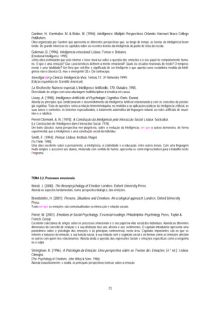 Gardner, H., Kornhaber, M. & Wake, W. (1996). Intelligence. Multiple Perspectives. Orlando: Harcourt Brace College
Publishers.
Obra organizada por Gardner que apresenta as diferentes perspectivas que, ao longo do tempo, as teorias da inteligência foram
tendo. De grande interesse os capítulos sobre as recentes teorias da inteligência do ponto de vista da escola.
Goleman, D. (1996). Inteligência emocional. Lisboa: Temas e Debates.
[Emotional Intelligence. 1995].
«Uma obra estimulante que veio retomar e fazer nova luz sobre a questão das emoções e o seu papel no comportamento huma-
no. O que é uma emoção? Que características definem a mente emocional? Quais os circuitos neuronais do medo? O tempera-
mento é uma fatalidade? Um livro que redefine o significado de ser inteligente e que aponta como verdadeira medida da inteli-
gência não o clássico QI, mas o emergente QE». Da contracapa.
Investigación y Ciencia. Inteligencia Viva, Temas 17, 3er trimestre 1999.
[Edição espanhola de Scientific American].
La Recherche. Número especial, L’Intelligence Artificielle, 170, Outubro, 1985.
Diversidade de artigos com uma abordagem multidisciplinar à temática em causa.
Lieury, A. (1998). Intelligence Artificielle et Psychologie Cognitive. Paris: Dunod.
Aborda os princípios que condicionaram o desenvolvimento da Inteligência Artificial relacionando-a com os conceitos da psicolo-
gia cognitiva. Trata de questões como a relação homem/máquina, os modelos e as aplicações práticas da inteligência artificial, as
suas bases e contextos, os sistemas especializados, o tratamento automático da linguagem natural, as redes artificiais de neuró-
nios e a robótica.
Perret-Clermont, A.-N. (1978). A Construção da Inteligência pela Interacção Social. Lisboa: Socicultur.
[La Construction de l’Intelligence dans l’Interaction Social. 1978].
Um texto clássico, numa perspectiva neo-piagetiana, sobre a evolução da inteligência, em que a autora demonstra, de forma
experimental, que a inteligência é uma construção social do indivíduo.
Smith, F. (1994). Pensar. Lisboa: Instituto Piaget.
[To Think. 1990].
Uma obra excelente sobre o pensamento, a inteligência, a criatividade e a educação, entre outros temas. Com uma linguagem
muito simples e acessível aos alunos, misturada com sentido de humor, apresenta-se como imprescindível para o trabalho neste
Programa.




TEMA 2.2. Processos emocionais

Borod, J. (2000). The Neuropsychology of Emotion. Londres: Oxford University Press.
Aborda os aspectos fundamentais, numa perspectiva biológica, das emoções.

Brandstätter, H. (2001). Persons, Situations and Emotions. An ecological approach. Londres: Oxford University
Press.
Texto em que as emoções são contextualizadas na interacção e relação sociais.

Parrot, W. (2001). Emotions in Social Psychology. Essencial readings. Philadelphia: Psychology Press, Taylor &
Francis Group.
Excelente colectânea de artigos sobre os processos emocionais e o seu papel na vida social dos indivíduos. Aborda as diferentes
dimensões do conceito de emoção e a sua distinção face aos afectos e aos sentimentos. O capítulo introdutório apresenta uma
panorâmica sobre a psicologia das emoções e as principais controvérsias nesta área. Capítulos importantes são os que se
referem à natureza da emoção, à sua função social, à sua relação com a cognição social e às formas como as emoções afectam
os outros com quem nos relacionamos. Aborda ainda a questão das expressões faciais e emoções específicas como a vergonha
ou a culpa.

Strongman, K. (1996). A Psicologia da Emoção. Uma perspectiva sobre as Teorias das Emoções. (4.ª ed.). Lisboa:
Climepsi.
[The Psychology of Emotions. John Wiley & Sons. 1996].
Aborda exaustivamente, e avalia, as principais perspectivas teóricas sobre a emoção.




                                                               73
 