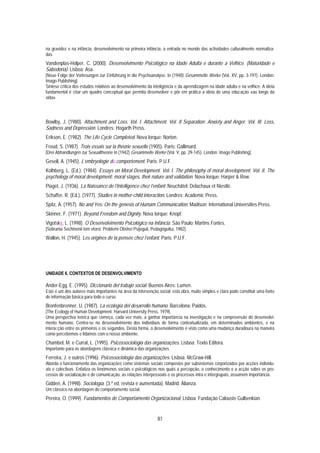 na gravidez e na infância, desenvolvimento na primeira infância, a entrada no mundo das actividades culturalmente normaliza-
das.
Vandenplas-Holper, C. (2000). Desenvolvimento Psicológico na Idade Adulta e durante a Velhice. (Maturidade e
Sabedoria). Lisboa: Asa.
[Neue Folge der Vorlesungen zur Einführung in die Psychoanalyse. In (1940) Gesammelte Werke (Vol. XV, pp. 3-197). London:
Imago Publishing].
Síntese crítica dos estudos relativos ao desenvolvimento da inteligência e da aprendizagem na idade adulta e na velhice. A ideia
fundamental é criar um quadro conceptual que permita desenvolver e pôr em prática a ideia de uma educação «ao longo da
vida».




Bowlby, J. (1980). Attachment and Loss. Vol. I. Attachment. Vol. II Separation: Anxiety and Anger. Vol. III. Loss,
Sadness and Depression. Londres: Hogarth Press.
Erikson, E. (1982). The Life Cycle Completed. Nova Iorque: Norton.
Freud, S. (1987). Trois essais sur la théorie sexuelle (1905). Paris: Gallimard.
[Drei Abhandlungen zur Sexualtheorie In (1942) Gesammelte Werke (Vol. V, pp. 29-145). London: Imago Publishing].
Gesell, A. (1945). L’embryologie du comportement. Paris: P.U.F.
Kolhberg, L. (Ed.). (1984). Essays on Moral Development. Vol. I. The philosophy of moral development. Vol. II. The
psychology of moral development: moral stages, their nature and validation. Nova Iorque: Harper & Row.
Piaget, J. (1936). La Naissance de l’Intelligence chez l’enfant. Neuchâtel: Delachaux et Niestlé.
Schaffer, R. (Ed.). (1977). Studies in mother-child interaction. Londres: Academic Press.
Spitz, A. (1957). No and Yes: On the genesis of Humam Communication. Madison: International Universities Press.
Skinner, F. (1971). Beyond Freedom and Dignity. Nova Iorque: Knopf.
Vigotsky, L. (1998). O Desenvolvimento Psicológico na Infância. São Paulo: Martins Fontes.
[Sobrania Sochinenii tom vtoroi. Problemi Obshei Psijoguii, Pedagóguika, 1982].
Wallon, H. (1945). Les origines de la pensée chez l’enfant. Paris: P.U.F.




UNIDADE 6. CONTEXTOS DE DESENVOLVIMENTO

Ander-Egg, E. (1995). Diccionario del trabajo social. Buenos Aires: Lumen.
Este é um dos autores mais importantes na área da intervenção social; esta obra, muito simples e clara pode constituir uma fonte
de informação básica para todo o curso.
Bronfenbrenner, U. (1987). La ecología del desarrollo humano. Barcelona: Paidós.
[The Ecology of Human Development. Harvard University Press. 1979].
Uma perspectiva teórica que começa, cada vez mais, a ganhar importância na investigação e na compreensão do desenvolvi-
mento humano. Centra-se no desenvolvimento dos indivíduos de forma contextualizada, em determinados ambientes, e na
interacção entre os primeiros e os segundos. Desta forma, o desenvolvimento é visto como uma mudança duradoura na maneira
como percebemos e lidamos com o nosso ambiente.
Chambel, M. e Curral, L. (1995). Psicossociologia das organizações. Lisboa: Texto Editora.
Importante para as abordagens clássica e dinâmica das organizações.
Ferreira, J. e outros (1996). Psicossociologia das organizações. Lisboa: McGraw-Hill.
Aborda o funcionamento das organizações como sistemas sociais compostos por subsistemas corporizados por acções individu-
ais e colectivas. Enfatiza os fenómenos sociais e psicológicos nos quais a percepção, o conhecimento e a acção sobre os pro-
cessos de socialização e de comunicação, as relações interpessoais e os processos intra e intergrupais, assumem importância.
Gidden, A. (1998). Sociología. (3.ª ed. revista e aumentada). Madrid: Alianza.
Um clássico na abordagem do comportamento social.
Pereira, O. (1999). Fundamentos de Comportamento Organizacional. Lisboa: Fundação Calouste Gulbenkian.


                                                              81
 