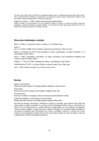 Tal como o nome indica, trata-se da obra de um investigador português sobre o comportamento organizacional; integra as ques-
tões do comportamento dos indivíduos nas organizações, e da organização como um sistema comportamental; saliente-se, para
esta unidade, a dinâmica organizacional e os processos de liderança.
Rodrigo, M. & Palacios, J. (1998). Familia y desarrollo humano. Madrid: Alianza.
Análise da família, do seu funcionamento e dos seus problemas. Aborda os conceitos e as funções da família, os processos
psicológicos e educativos implicados nas relações familiares, as novas formas de família, alguns grupos familiares de risco e as
famílias cujos membros apresentam necessidades especiais.




Obras sobre metodologias e avaliação
Bolívar, A. (1998). La evaluación de valores y actitudes. (3.ª ed.). Madrid: Anaya.
Brown, S.,
Race, P. & Smith, B. (2000). Guia de Avaliação. Sugestões para professores. Lisboa: Presença.
Moreira, A. & Bychweitz, B. (1993). Novas estratégias de ensino e aprendizagem. Os mapas conceptuais e o vê
epistemológico. Lisboa: Plátano.
Novak, J. (1998). Conocimiento y aprendizaje. Los mapas conceptuales como herramientas facilitadoras para
escuelas y empresas. Madrid: Alianza.
Valadares, J. e Graça, M. (1998). Avaliando para melhorar a aprendizagem. Lisboa: Plátano.
Piattelli-Palmarini, M. (1997). Le Goût des Études ou comment l’acquerir. Paris: Odile Jacob.
Lima, L. (1979). Dinâmica de Grupo. (6.ª ed.). Rio de Janeiro: Vozes.




Revistas
ANÁLISE PSICOLÓGICA
Editada pelo Instituto Superior de Psicologia Aplicada. Dirigida por Frederico Pereira.
PSICOLOGIA
Revista da Associação Portuguesa dos Psicólogos. Dirigida por Jorge Vala.
PSYCHOLOGICA
Revista da Faculdade de Psicologia e Ciências da Educação da Universidade de Coimbra.
EUROPEAN JOURNAL OF PSYCHOLOGY OF EDUCATION
Editada pelo Instituto Superior de Psicologia Aplicada. Dirigida por Michel Gilly
Para além das Revistas referenciadas e dedicadas em exclusivo à Psicologia, outras poderão conter artigos que
sejam suporte ao trabalho na disciplina. É o caso das revistas de divulgação científica como a La Recherche, ou a
Science & Vie, em língua francesa, a Cientific American, em língua inglesa ou a sua congénere Investigación y
Ciencia, em língua castelhana. A Super Interessante, editada em Portugal e com um projecto editorial semelhante à
Ça m’Interesse, abordando temas relacionados com a ciência, a tecnologia, a natureza e o Homem, tem-se apre-
sentado como uma publicação de grande interesse para a faixa etária dos alunos de ensino secundário e conta com
a colaboração de excelentes especialistas portugueses.




                                                              82
 