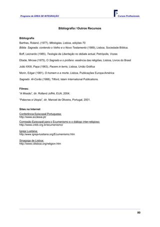 Programa de ÁREA DE INTEGRAÇÃO                                                      Cursos Profissionais




                                 Bibliografia / Outros Recursos


Bibliografia
Barthes, Roland, (1977), Mitologias, Lisboa, edições 70
Bíblia Sagrada: contendo o Velho e o Novo Testamento (1989), Lisboa, Sociedade Bíblica.

Boff, Leonardo (1985), Teologia da Libertação no debate actual, Petrópolis, Vozes

Eliade, Mircea (1975), O Sagrado e o profano: essência das religiões, Lisboa, Livros do Brasil

João XXIII, Papa (1963), Pacem in terris, Lisboa, União Gráfica

Morin, Edgar (1981), O homem e a morte, Lisboa, Publicações Europa-América

Sagrado Al-Corão (1988), Tilford, Islam International Publications.


Filmes:
“A Missão”, dir. Rolland Joffré, EUA, 2004;

“Palavras e Utopia”, dir. Manoel de Oliveira, Portugal, 2001.


Sites na Internet
Conferência Episcopal Portuguesa:
http://www.ecclesia.pt/
Comissão Episcopal para o Ecumenismo e o diálogo inter-religioso:
http://www.cnbb.org.br/ecumenismo/

Igreja Lusitana:
http:/www.igreja-lusitana.org/Ecumenismo.htm

Sinagoga de Lisboa:
http://www.cilisboa.org/religion.htm




                                                                                                      80
 