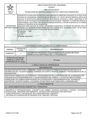 LÍNEA TECNOLÓGICA DEL PROGRAMA
CLIENTE
Modelo de
Mejora
RED TECNOLÓGICA
TECNOLOGÍAS DE GESTIÓN ADMINISTRATIVA Y SERVICIOS FINANCIEROS
Centrada en la construcción de autonomía para garantizar la calidad de la formación en el marco de la
formación por competencias, el aprendizaje por proyectos y el uso de técnicas didácticas activas que
estimulan el pensamiento para la resolución de problemas simulados y reales; soportadas en el
utilización de las tecnologías de la información y la comunicación, integradas, en ambientes abiertos y
pluritecnológicos, que en todo caso recrean el contexto productivo y vinculan al aprendiz con la realidad
cotidiana y el desarrollo de las competencias.
Igualmente, debe estimular de manera permanente la autocrítica y la reflexión del aprendiz sobre el
que hacer y los resultados de aprendizaje que logra a través de la vinculación activa de las cuatro
fuentes de información para la construcción de conocimiento:
-El instructor - Tutor
-El entorno
-Las TIC
-El trabajo colaborativo
ESTRATEGIA
METODOLÓGICA
1. CONTENIDOS CURRICULARES DE LA COMPETENCIA
DENOMINACIÓNCÓDIGO:
210201017
VERSIÓN DE
LA NCL
1
2. RESULTADOS DE APRENDIZAJE
DOCUMENTAR PROCESOS Y PROCEDIMIENTOS APLICANDO MÉTODOS
NORMALIZADOS ADOPTADOS POR LA ORGANIZACIÓN.
DURACIÓN ESTIMADA
PARA EL LOGRO DEL
APRENDIZAJE (en horas)
70 horas
DENOMINACIÓN
DILIGENCIAR INSTRUCTIVOS, FORMATOS Y DEMÁS DOCUMENTOS PARA EL SISTEMA DE GESTIÓN DE LA
INFORMACIÓN DEL TALENTO HUMANO, TENIENDO EN CUENTA TÉCNICAS, NORMAS Y PROCEDIMIENTOS DE LA
ORGANIZACIÓN.
IDENTIFICAR CAMBIOS EN LOS PROCESOS Y PROCEDIMIENTOS DE LA INFORMACIÓN, DE LA ORGANIZACIÓN
CON BASE EN LOS REQUERIMIENTOS Y LAS NECESIDADES DEL CLIENTE, Y LA POLÍTICA INSTITUCIONAL.
FORMALIZAR LOS CAMBIOS IDENTIFICADOS EN LOS PROCESOS Y PROCEDIMIENTOS DEL SISTEMA DE
GESTIÓN DEL TALENTO HUMANO, UTILIZANDO LOS MÉTODOS ADOPTADOS POR LA ORGANIZACIÓN.
3. CONOCIMIENTOS
3.1. CONOCIMIENTOS DE CONCEPTOS Y PRINCIPIOS
DESARROLLO ORGANIZACIONAL: CONCEPTO DE CAMBIO, FUERZAS INTERNAS, FUERZAS EXTERNAS,
INTERACCIÓN ORGANIZACIÓN-AMBIENTE, INTERACCIÓN ORGANIZACIÓN-INDIVIDUO.
-CARACTERÍSTICAS Y NATURALEZA DE LA ORGANIZACIÓN: CONCEPTO
-SISTEMAS DE ELABORACIÓN DE DIAGNÓSTICOS, ANÁLISIS Y SÍNTESIS.
Página 3 de 4025/02/15 10:17 PM
 