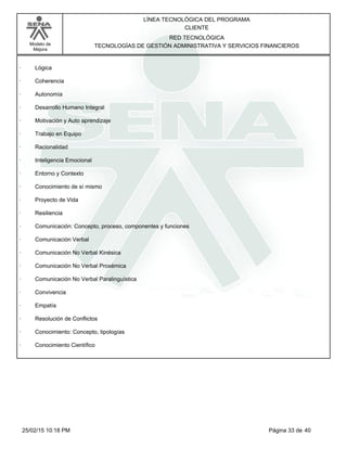 LÍNEA TECNOLÓGICA DEL PROGRAMA
CLIENTE
Modelo de
Mejora
RED TECNOLÓGICA
TECNOLOGÍAS DE GESTIÓN ADMINISTRATIVA Y SERVICIOS FINANCIEROS
· Lógica
· Coherencia
· Autonomía
· Desarrollo Humano Integral
· Motivación y Auto aprendizaje
· Trabajo en Equipo
· Racionalidad
· Inteligencia Emocional
· Entorno y Contexto
· Conocimiento de sí mismo
· Proyecto de Vida
· Resiliencia
· Comunicación: Concepto, proceso, componentes y funciones
· Comunicación Verbal
· Comunicación No Verbal Kinésica
· Comunicación No Verbal Proxémica
· Comunicación No Verbal Paralinguística
· Convivencia
· Empatía
· Resolución de Conflictos
· Conocimiento: Concepto, tipologías
· Conocimiento Científico
Página 33 de 4025/02/15 10:18 PM
 