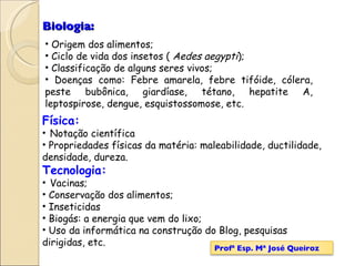 Biologia: Origem dos alimentos; Ciclo de vida dos insetos (  Aedes aegypti ); Classificação de alguns seres vivos; Doenças como: Febre amarela, febre tifóide, cólera, peste bubônica, giardíase, tétano, hepatite A, leptospirose, dengue, esquistossomose, etc. Física: Notação científica Propriedades físicas da matéria: maleabilidade, ductilidade, densidade, dureza. Tecnologia: Vacinas; Conservação dos alimentos; Inseticidas Biogás: a energia que vem do lixo; Uso da informática na construção do Blog, pesquisas dirigidas, etc. Profª Esp. Mª José Queiroz 